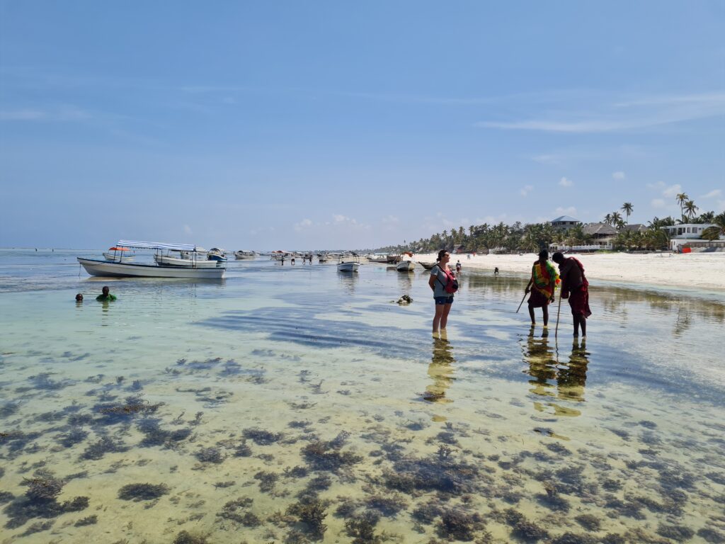 Une femme et deux maasai dans une eau transparente à Zanzibar en Tanzanie.