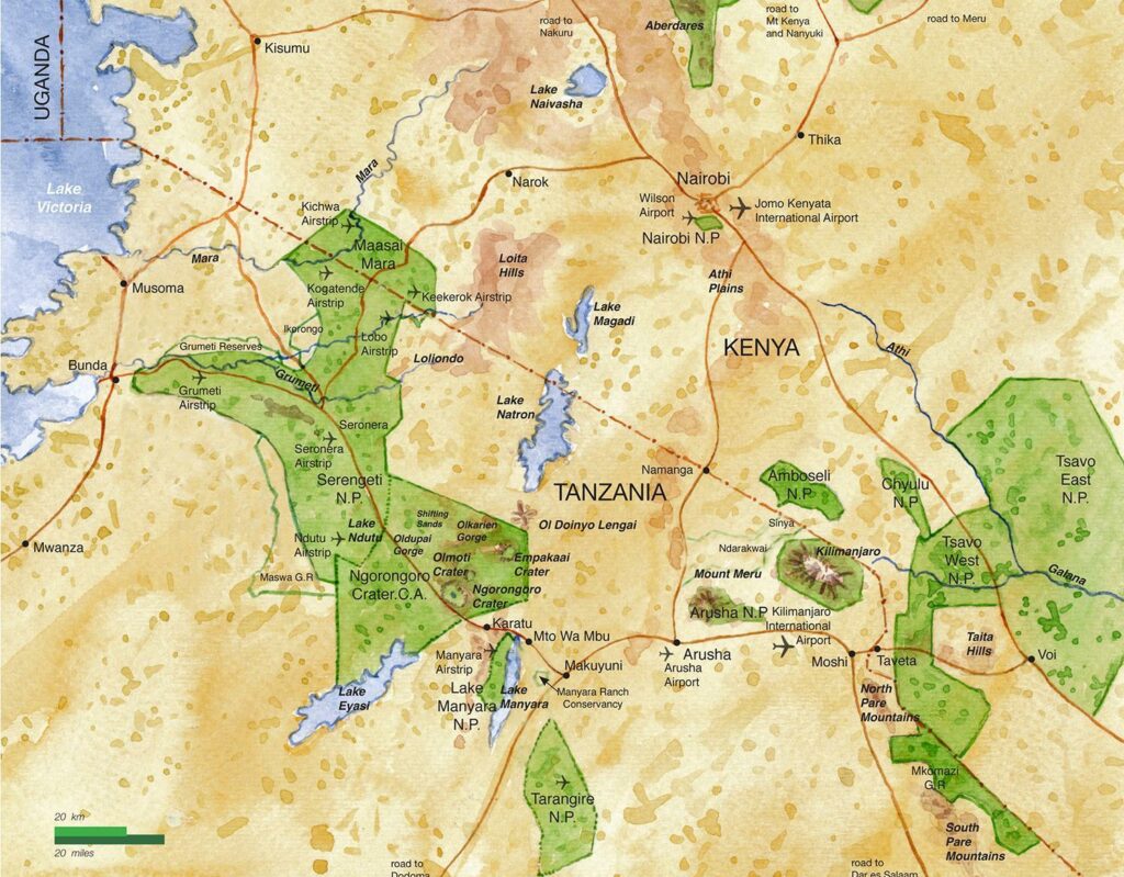 Carte illustrée de la région des parcs de safari en Tanzanie (Serengeti, Ngorongoro, Tarangire, Kilimandjaro, ....)